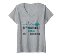 Women's My Heartbeat Has A Coffee Addiction Funny Nurse RN V-Neck T-Shirt