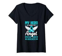 Womens My Hero is Now My Angel Ovarian Cancer Awareness V-Neck T-Shirt