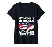 Womens My Home USA My Heart Cuba Cuban American Pride Flag V-Neck T-Shirt