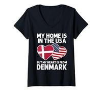 Womens My Home USA My Heart Denmark Danish American Pride Flag V-Neck T-Shirt