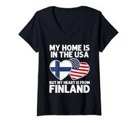 Womens My Home USA My Heart Finland Finnish American Pride Flag V-Neck T-Shirt