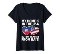 Womens My Home USA My Heart Haiti Haitian American Pride Flag V-Neck T-Shirt