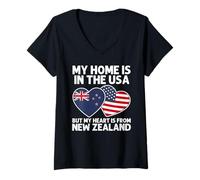 Womens My Home USA My Heart New Zealand Kiwi American Pride Flag V-Neck T-Shirt