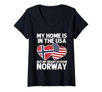 Womens My Home USA My Heart Norway Norwegian American Pride Flag V-Neck T-Shirt