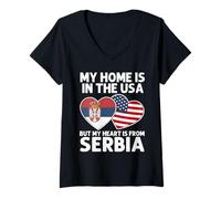 Womens My Home USA My Heart Serbia Serbian American Pride Flag V-Neck T-Shirt