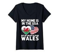 Womens My Home USA My Heart Wales Welsh American Pride Flag V-Neck T-Shirt