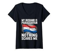 Womens My Husband is Paraguayan Nothing Scares Me Wife V-Neck T-Shirt