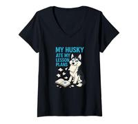 Womens My Husky Ate My Lesson Plans Teacher Dog Lovers V-Neck T-Shirt