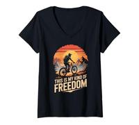 Womens My Kind of Freedom Bikepacking Nature Cycling Retro Sunset V-Neck T-Shirt
