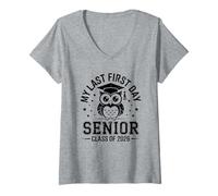 Womens My Last First Day Senior Class of 2026 Owl Back to School V-Neck T-Shirt