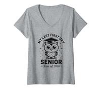 Womens My Last First Day Senior Class of 2026 Owl Back to School V-Neck T-Shirt