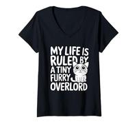 Women's My Life is Ruled By A Tiny Furry Overlord - Cat Owner Funny V-Neck T-Shirt