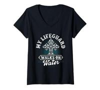 Women's My Lifeguard Walks On Water Christian Message Jesus Christ V-Neck T-Shirt