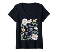 Women's My Mom is 40 and Still Cool Daisies Bees Floral V-Neck T-Shirt