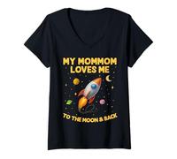 Womens My Mom-Mom Loves Me to The Moon and Back Cool Rocket Kid V-Neck T-Shirt