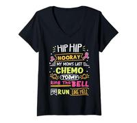 Women's My Mom's Last Chemo Today Ring The Bell Cancer Warrior V-Neck T-Shirt
