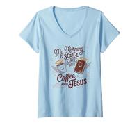 Womens My Morning Starts with Coffee Jesus Tshirt Bible Christian V-Neck T-Shirt