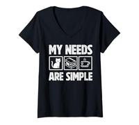 Women's My Needs are Simple Funny Cat Reading Books Tea V-Neck T-Shirt