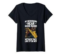 Women's My Neighbors Hear Good Music Saxophone Player V-Neck T-Shirt