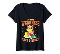 Women's My Only Weakness Cats & Books Cat Lover Kitten Bookworm V-Neck T-Shirt