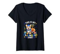 Womens My Pajamakah Shirt Hanukkah Corgi Menorah Jewish Family Kids V-Neck T-Shirt