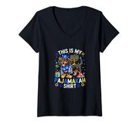 Womens My Pajamakah Shirt Hanukkah Dachshund Menorah Jewish Family V-Neck T-Shirt