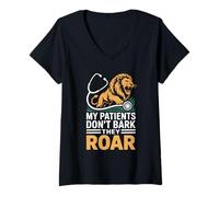 Womens My Patients Don’t Bark They Roar Funny Zoo Veterinarian V-Neck T-Shirt