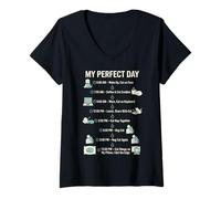 Women's My Perfect Day Cat Schedule Funny Cat Lover Feline Life V-Neck T-Shirt