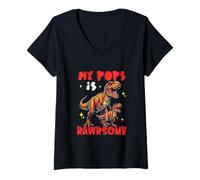Women's My Pops is Rawrsome Father's Day T-rexes Lover Family V-Neck T-Shirt