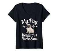 Women's My Pug Keeps This Nurse Sane Cute Pug Nurse V-Neck T-Shirt