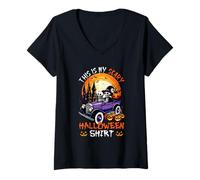 Womens My Scary Halloween Shirt Carved Pumpkin Skeletons On Car V-Neck T-Shirt