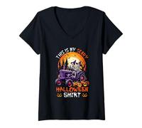 Womens My Scary Halloween Shirt Carved Pumpkin Skeletons On Tractor V-Neck T-Shirt