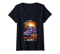 Womens My Scary Halloween Shirt Funny Skeletons On Garbage Truck V-Neck T-Shirt