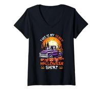Womens My Scary Halloween Shirt Funny Skeletons On Pickup Truck V-Neck T-Shirt