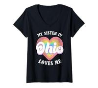Womens My Sister in Ohio Loves Me Heart Retro Groovy USA V-Neck T-Shirt