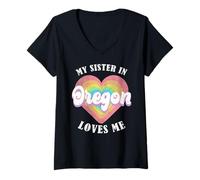 Womens My Sister in Oregon Loves Me Heart Retro Groovy USA V-Neck T-Shirt