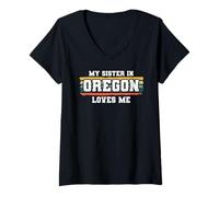 Womens My Sister in Oregon Loves Me Retro Vintage American V-Neck T-Shirt