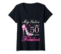 Womens My Sister is 50 and Fabulous Chapter 50th Birthday for Women V-Neck T-Shirt