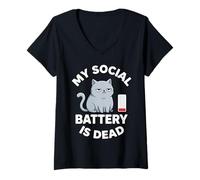 Women's My Social Battery is Dead Cat Funny Introverts V-Neck T-Shirt