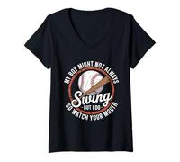 Women's My Son Might Not Always Swing The Bat Funny Baseball Mom V-Neck T-Shirt