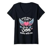 Womens My Son Walks with Me Grieving Mom Memorial V-Neck T-Shirt