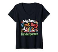 Womens My Son's First Day Of Kindergarten Back to School Sarcastic V-Neck T-Shirt