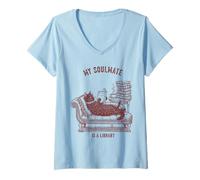 Womens My Soulmate is A Library Cat Reading Book Lover V-Neck T-Shirt