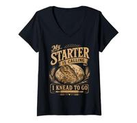 Women's My Starter is Calling I Knead to Go Sourdough Bread Baker V-Neck T-Shirt