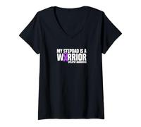 Women's My Stepdad is a Warrior Purple Ribbon Epilepsy Awareness V-Neck T-Shirt