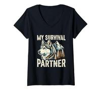 Women's My Survival Partner Husky Dog Mountain Wilderness V-Neck T-Shirt