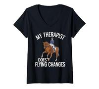 Womens My Therapist Does Flying Changes Funny Dressage Riding V-Neck T-Shirt