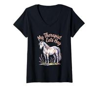 Womens My Therapist Eats Hay | Funny Horse Lover Equestrian Riders V-Neck T-Shirt