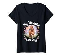 Womens My Therapist Eats Hay | Funny Horse Lover Equestrian Riders V-Neck T-Shirt
