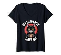 Women's My Therapist Gave up Black Grumpy Kitty Coffee Cat Office V-Neck T-Shirt